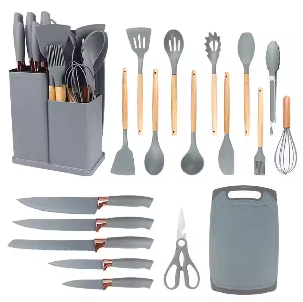 Kitchen set: 12 silicone utensils 5 stainless steel knives + accessories