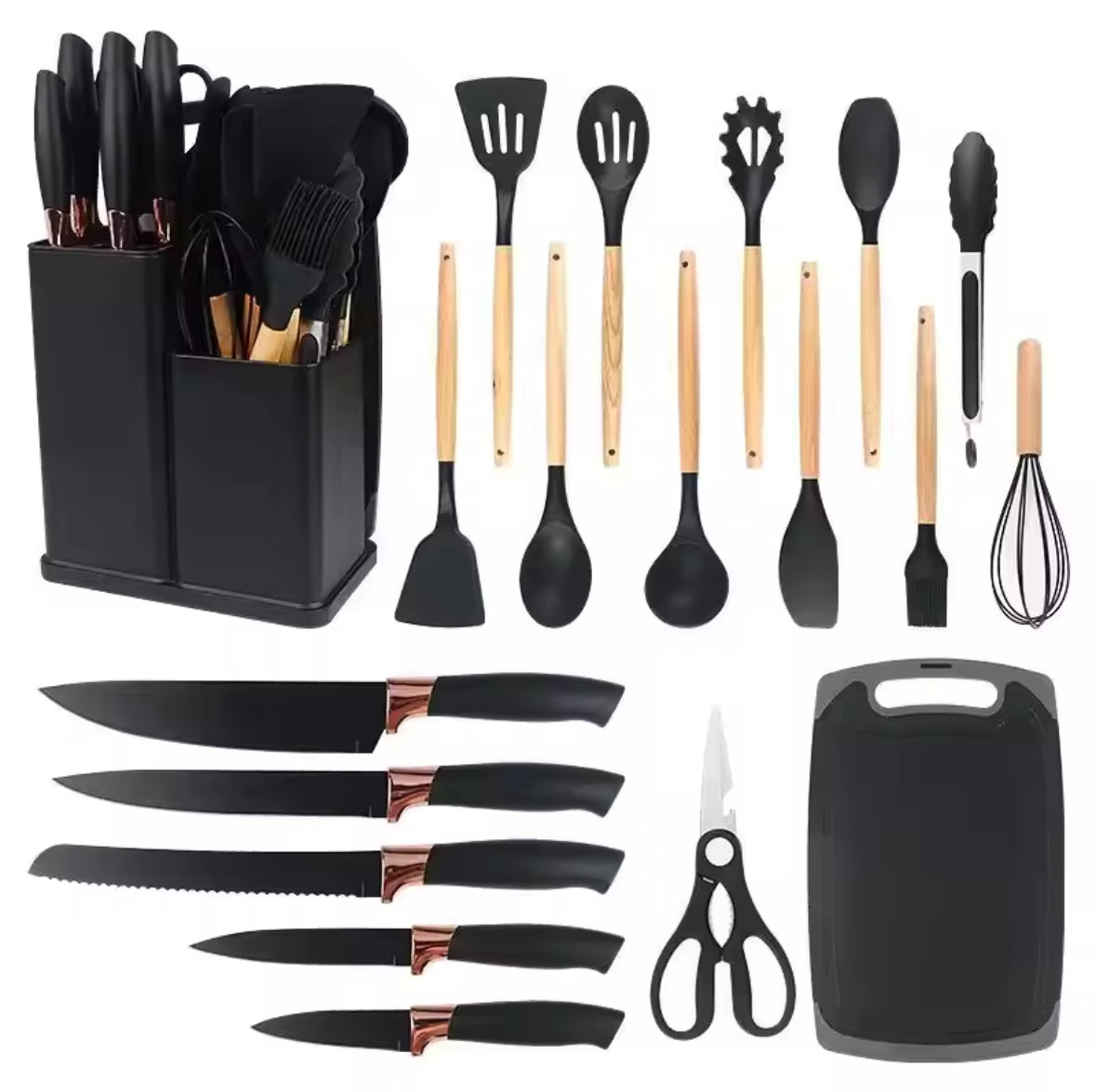 Kitchen set: 12 silicone utensils 5 stainless steel knives + accessories