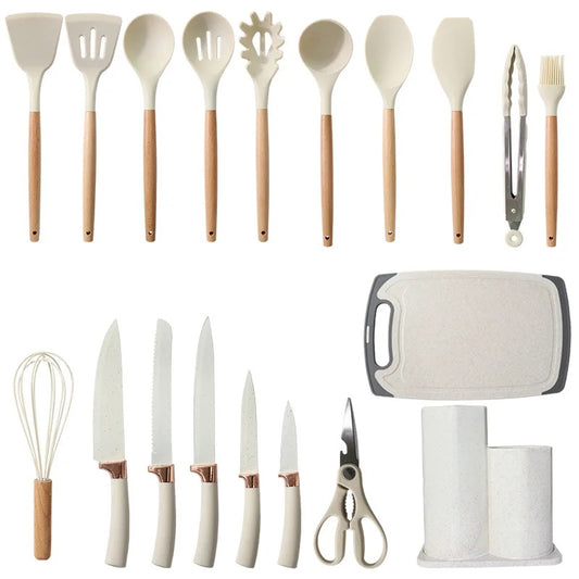 Set cucina: 12 utensili in silicone 5 coltelli acciaio inox + accessori