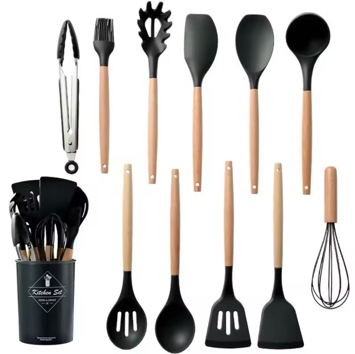 Set Cucina : 11 utensili in silicone con manico in legno e porta utensili incluso | BeSmart™